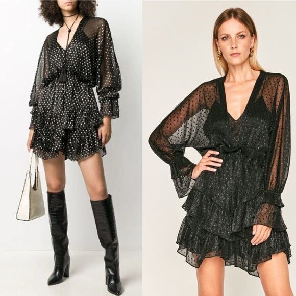 IRO Milson Dress Black Gold Metallic Ruffle Mini Polka Dot Long Sleeve Size XS - Picture 1 of 12
